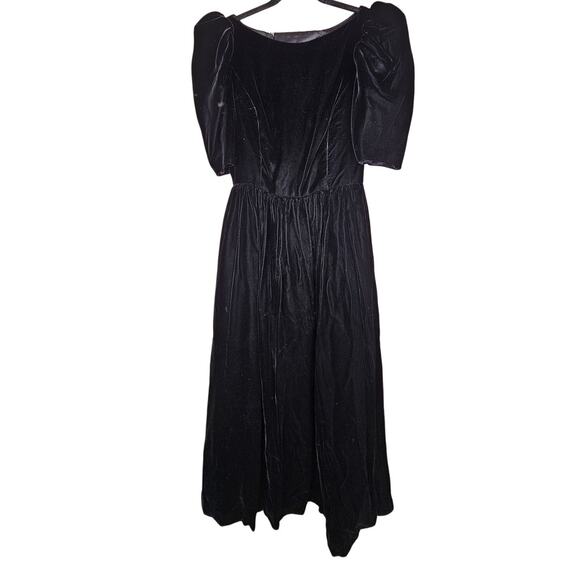Vintage 70s Victor Costa 10 Black Velvet Cut Out Back Formal Dress Puff Sleeve